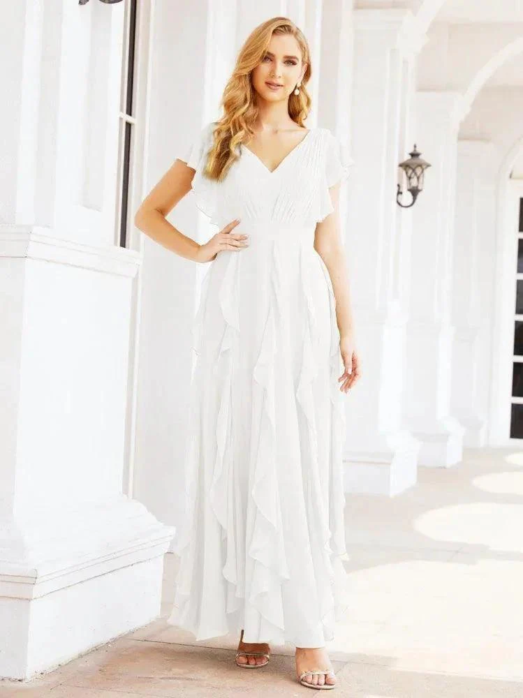 Ruffled Bridesmaid Dresses with Sleeves Long Formal Party Dress 28041 - Image 83