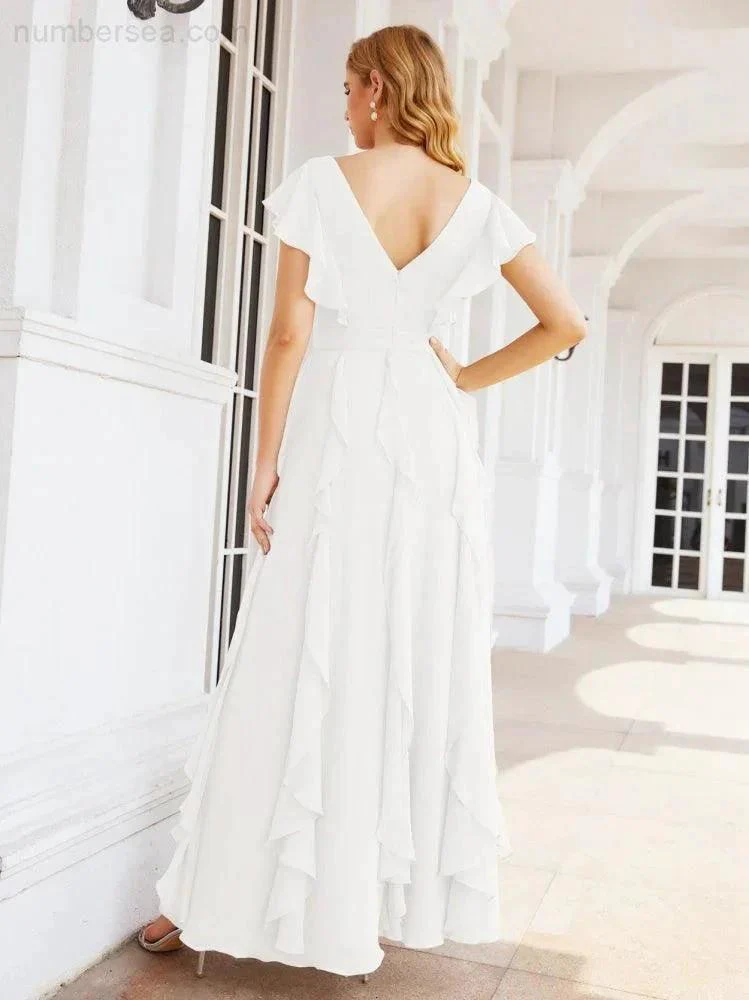 Ruffled Bridesmaid Dresses with Sleeves Long Formal Party Dress 28041 - Image 84
