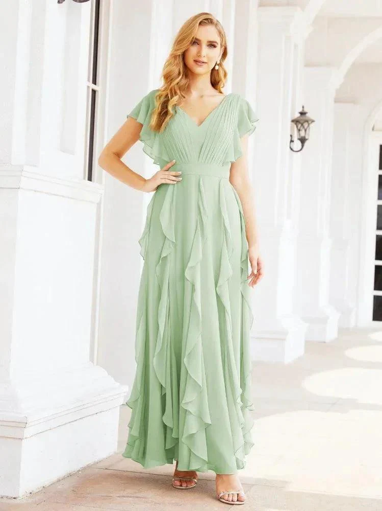 Ruffled Bridesmaid Dresses with Sleeves Long Formal Party Dress 28041 - Image 9