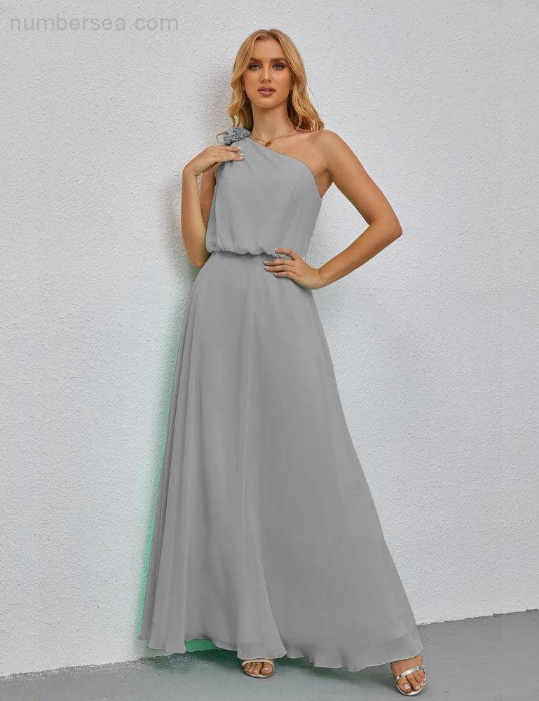 Ruffled One Shoulder Sleeveless Long Bridesmaid Dresses A-line Formal Evening Gown Side Split 28080 - Image 100