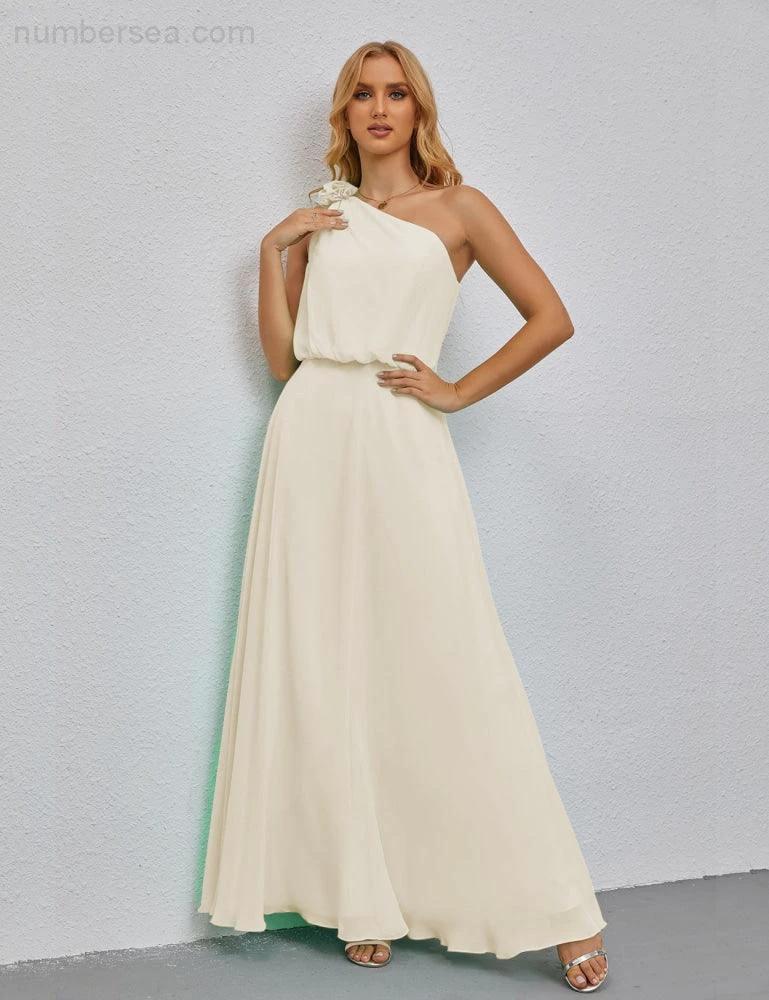 Ruffled One Shoulder Sleeveless Long Bridesmaid Dresses A-line Formal Evening Gown Side Split 28080 - Image 104