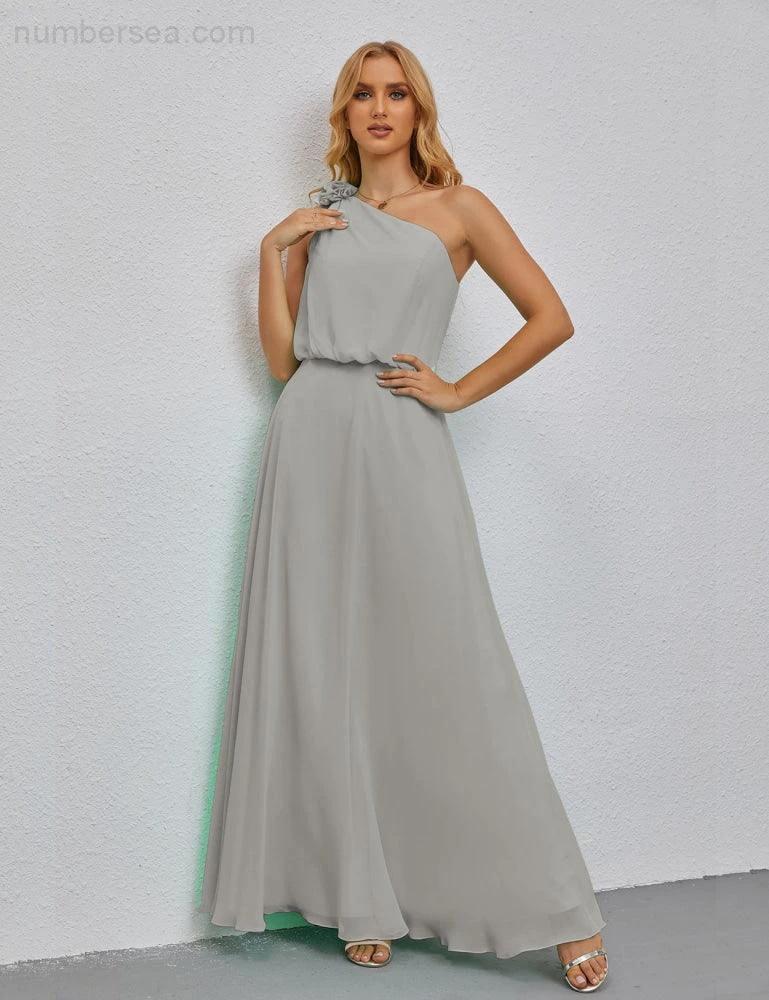 Ruffled One Shoulder Sleeveless Long Bridesmaid Dresses A-line Formal Evening Gown Side Split 28080 - Image 108