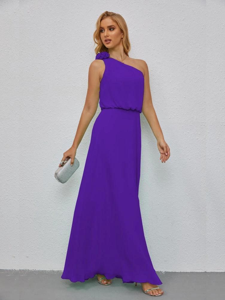 Ruffled One Shoulder Sleeveless Long Bridesmaid Dresses A-line Formal Evening Gown Side Split 28080 - Image 109