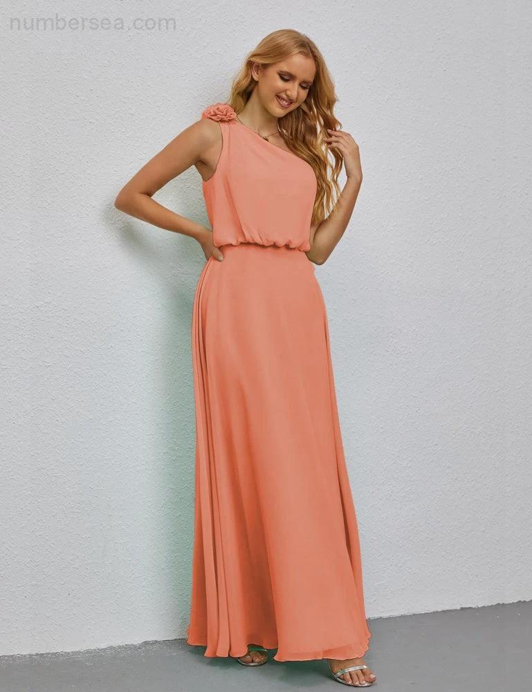 Ruffled One Shoulder Sleeveless Long Bridesmaid Dresses A-line Formal Evening Gown Side Split 28080 - Image 115