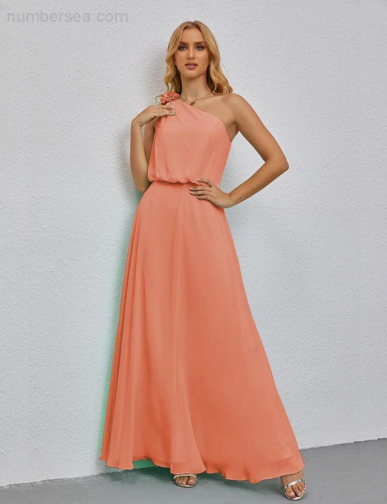Ruffled One Shoulder Sleeveless Long Bridesmaid Dresses A-line Formal Evening Gown Side Split 28080 - Image 116