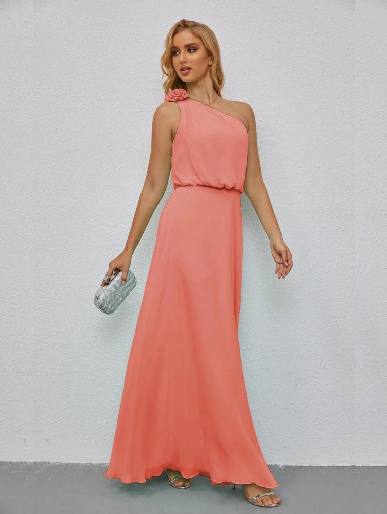 Ruffled One Shoulder Sleeveless Long Bridesmaid Dresses A-line Formal Evening Gown Side Split 28080 - Image 117
