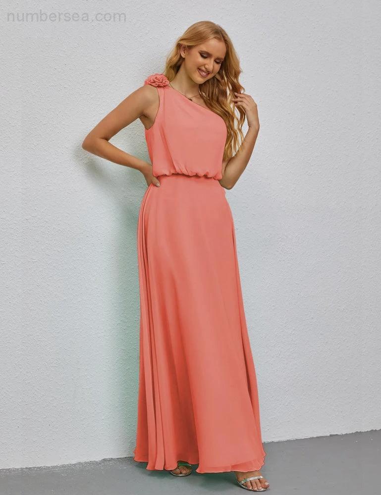 Ruffled One Shoulder Sleeveless Long Bridesmaid Dresses A-line Formal Evening Gown Side Split 28080 - Image 119
