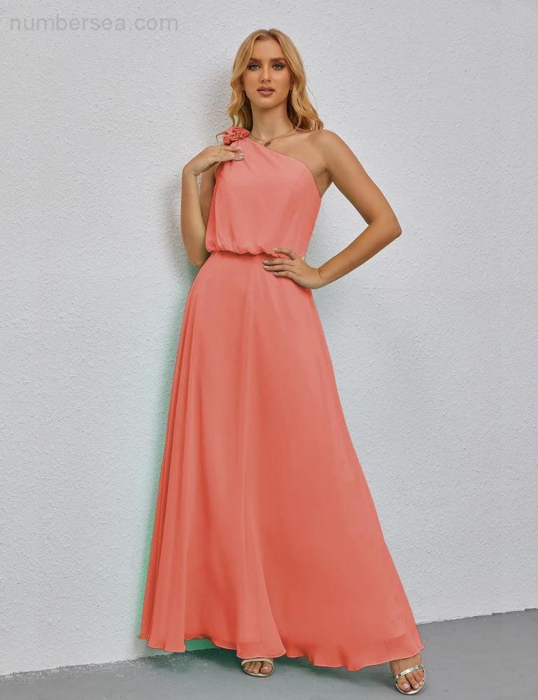 Ruffled One Shoulder Sleeveless Long Bridesmaid Dresses A-line Formal Evening Gown Side Split 28080 - Image 120