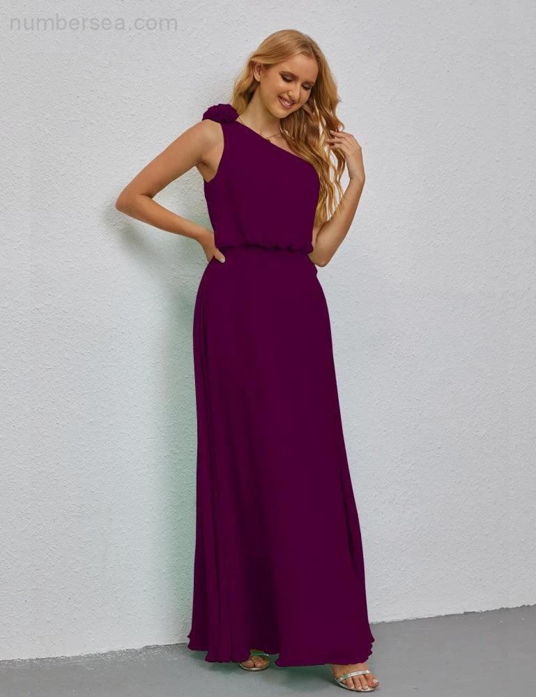 Ruffled One Shoulder Sleeveless Long Bridesmaid Dresses A-line Formal Evening Gown Side Split 28080 - Image 123