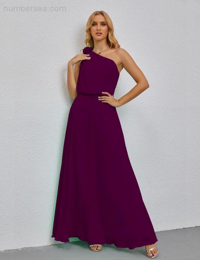 Ruffled One Shoulder Sleeveless Long Bridesmaid Dresses A-line Formal Evening Gown Side Split 28080 - Image 124