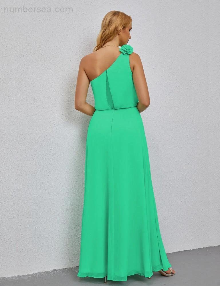 Ruffled One Shoulder Sleeveless Long Bridesmaid Dresses A-line Formal Evening Gown Side Split 28080 - Image 126