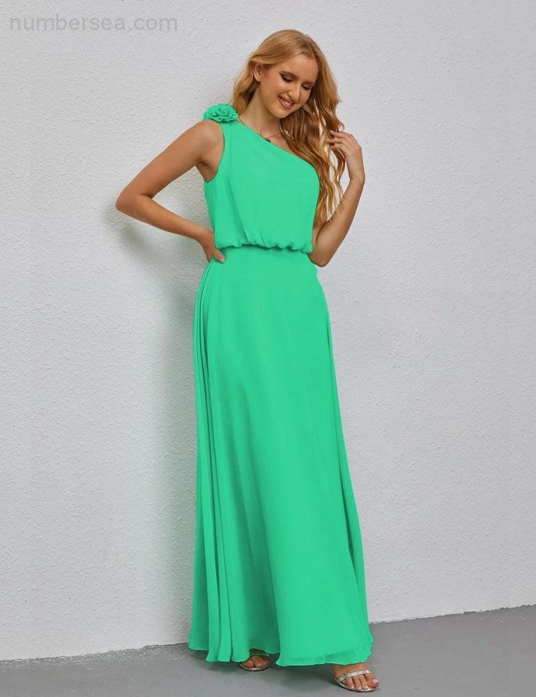 Ruffled One Shoulder Sleeveless Long Bridesmaid Dresses A-line Formal Evening Gown Side Split 28080 - Image 127