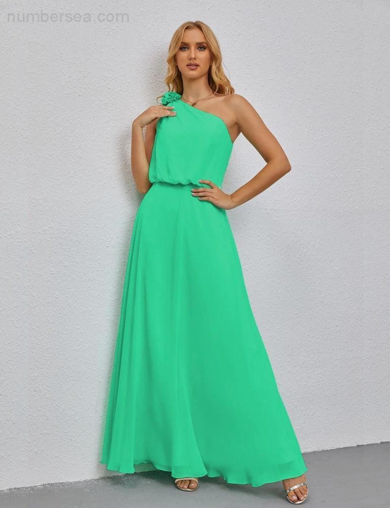Ruffled One Shoulder Sleeveless Long Bridesmaid Dresses A-line Formal Evening Gown Side Split 28080 - Image 128