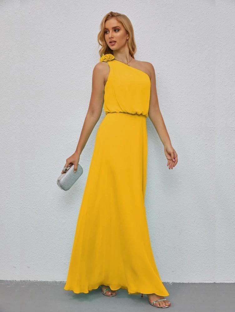 Ruffled One Shoulder Sleeveless Long Bridesmaid Dresses A-line Formal Evening Gown Side Split 28080 - Image 129
