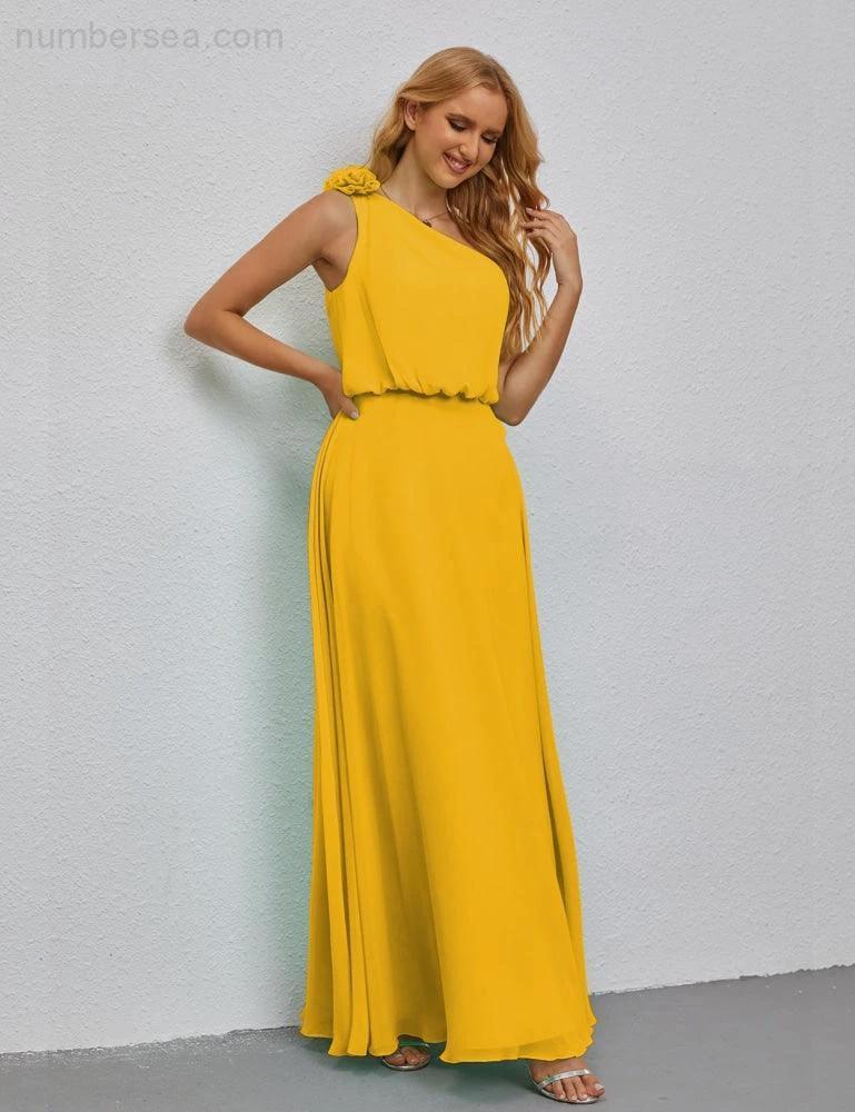 Ruffled One Shoulder Sleeveless Long Bridesmaid Dresses A-line Formal Evening Gown Side Split 28080 - Image 131
