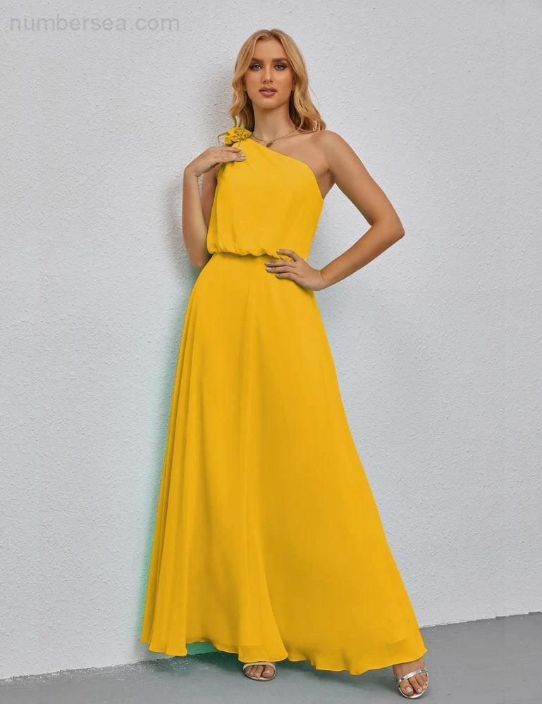 Ruffled One Shoulder Sleeveless Long Bridesmaid Dresses A-line Formal Evening Gown Side Split 28080 - Image 132