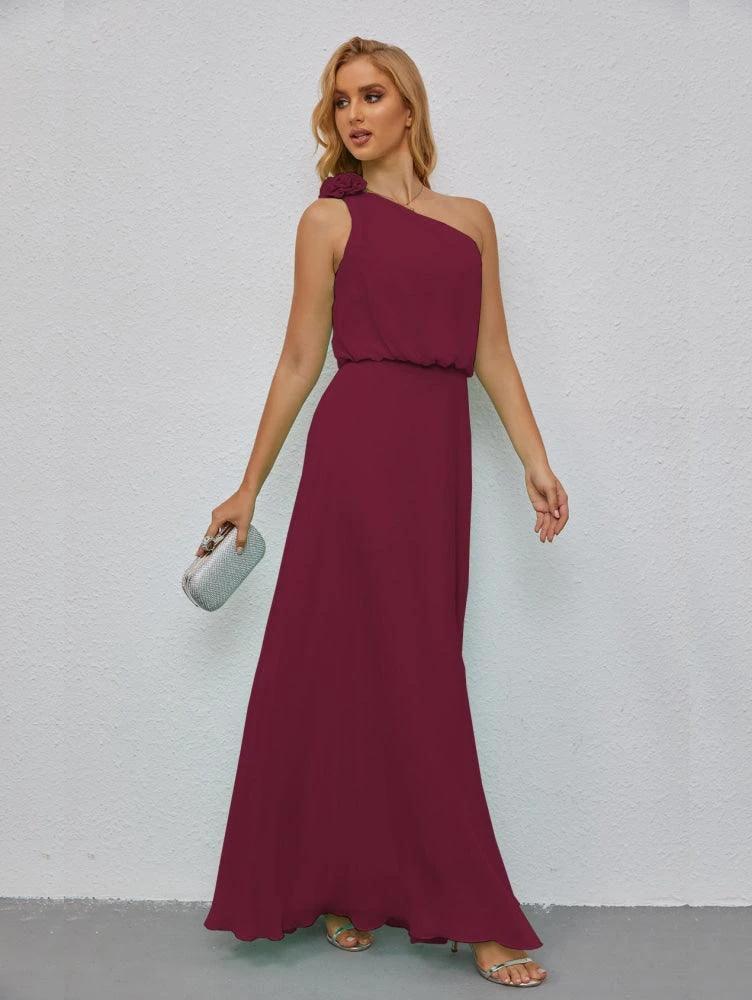 Ruffled One Shoulder Sleeveless Long Bridesmaid Dresses A-line Formal Evening Gown Side Split 28080 - Image 133