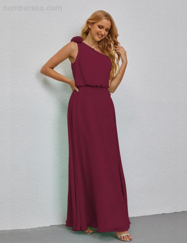 Ruffled One Shoulder Sleeveless Long Bridesmaid Dresses A-line Formal Evening Gown Side Split 28080 - Image 135