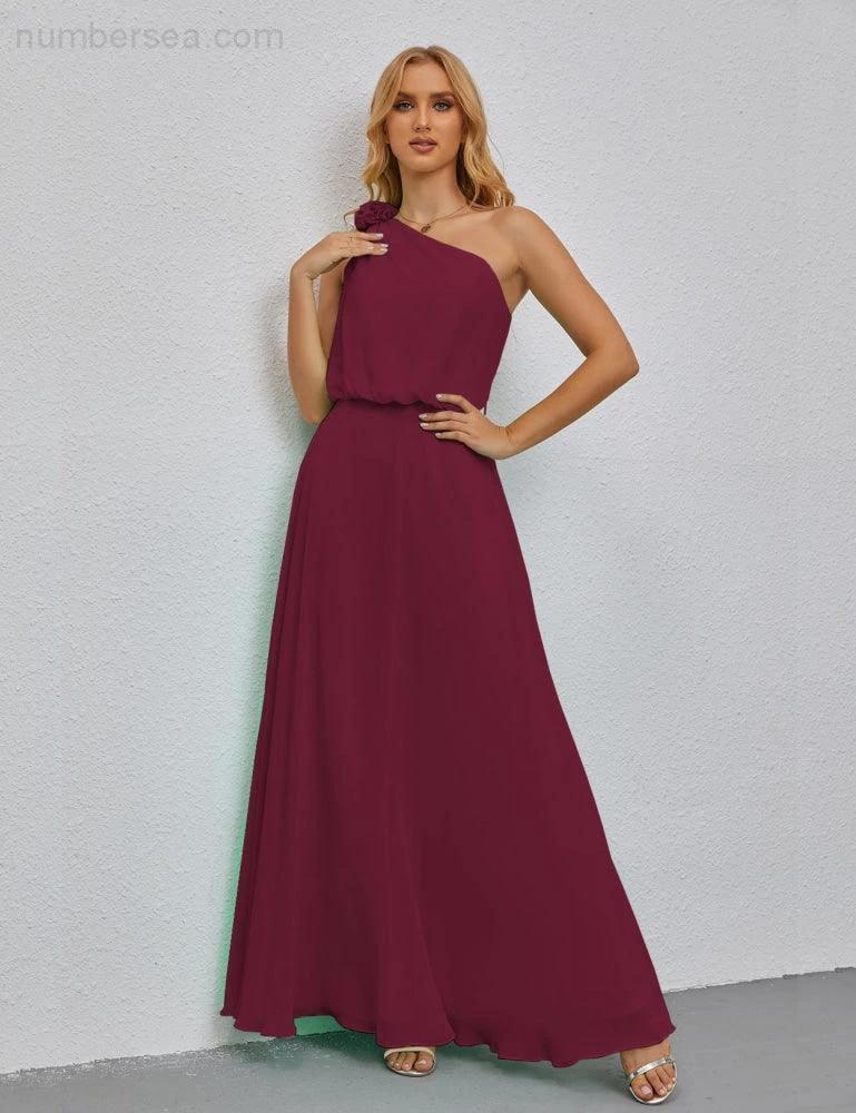 Ruffled One Shoulder Sleeveless Long Bridesmaid Dresses A-line Formal Evening Gown Side Split 28080 - Image 136