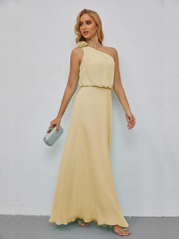 Ruffled One Shoulder Sleeveless Long Bridesmaid Dresses A-line Formal Evening Gown Side Split 28080 - Image 137