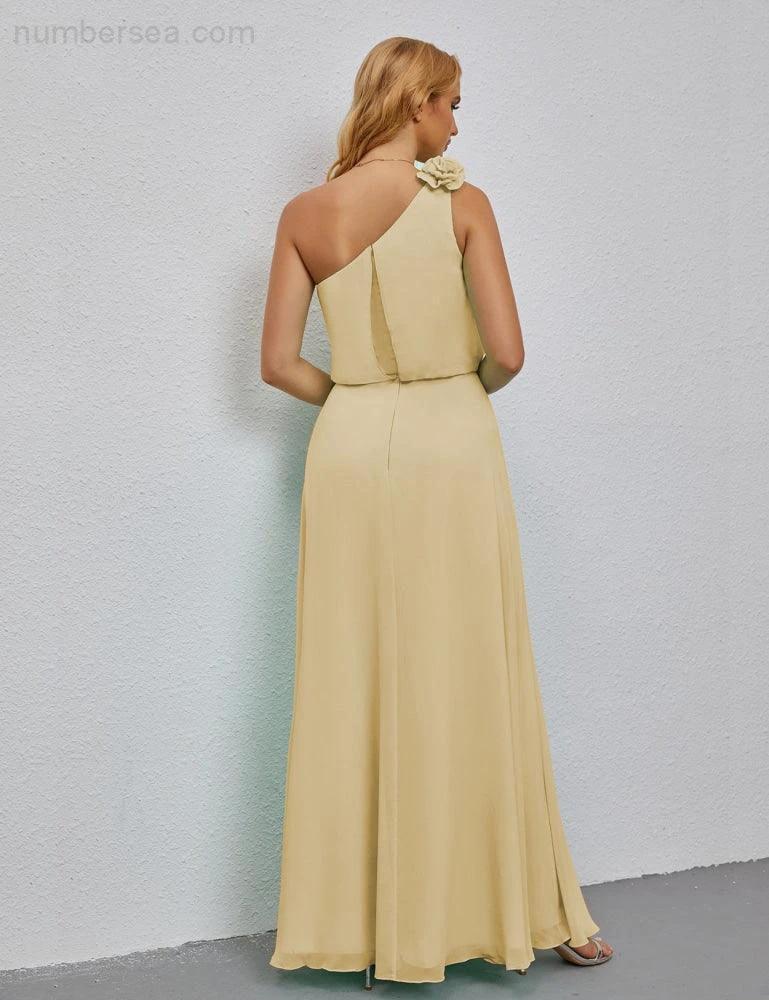 Ruffled One Shoulder Sleeveless Long Bridesmaid Dresses A-line Formal Evening Gown Side Split 28080 - Image 138