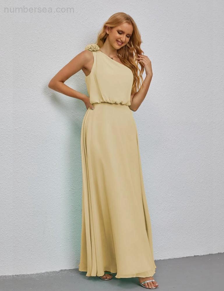 Ruffled One Shoulder Sleeveless Long Bridesmaid Dresses A-line Formal Evening Gown Side Split 28080 - Image 139