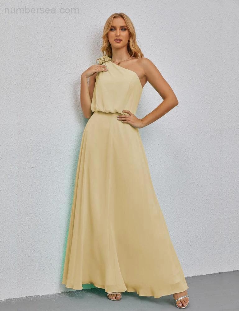 Ruffled One Shoulder Sleeveless Long Bridesmaid Dresses A-line Formal Evening Gown Side Split 28080 - Image 140