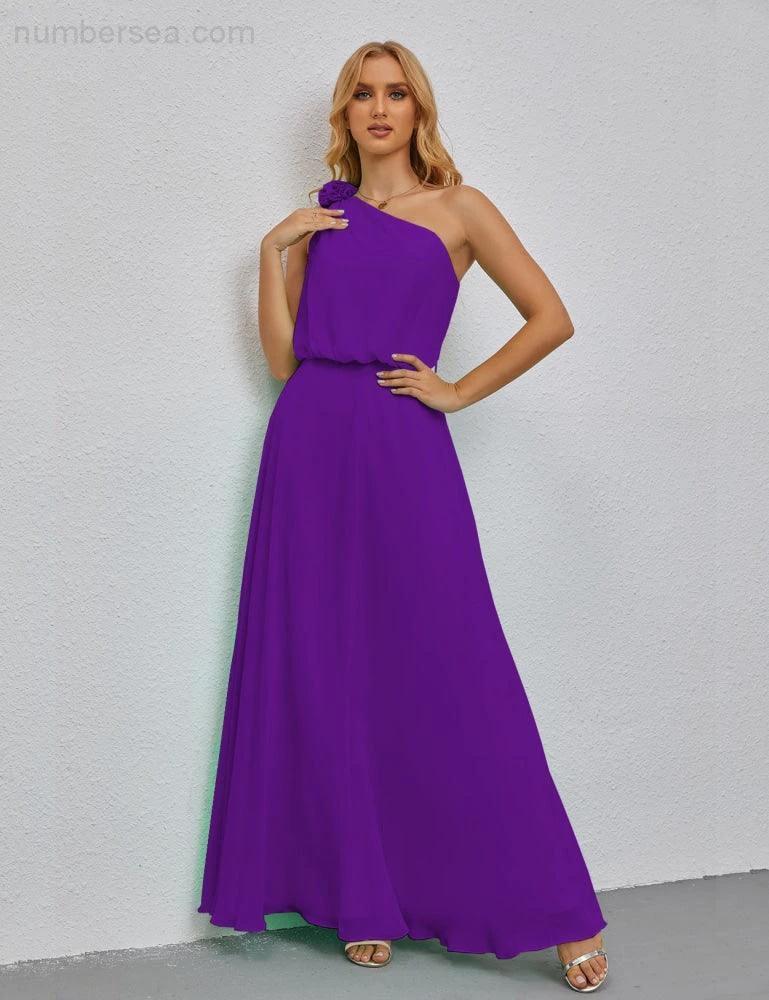 Ruffled One Shoulder Sleeveless Long Bridesmaid Dresses A-line Formal Evening Gown Side Split 28080 - Image 144