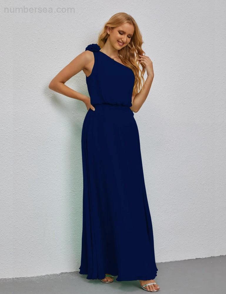 Ruffled One Shoulder Sleeveless Long Bridesmaid Dresses A-line Formal Evening Gown Side Split 28080 - Image 147