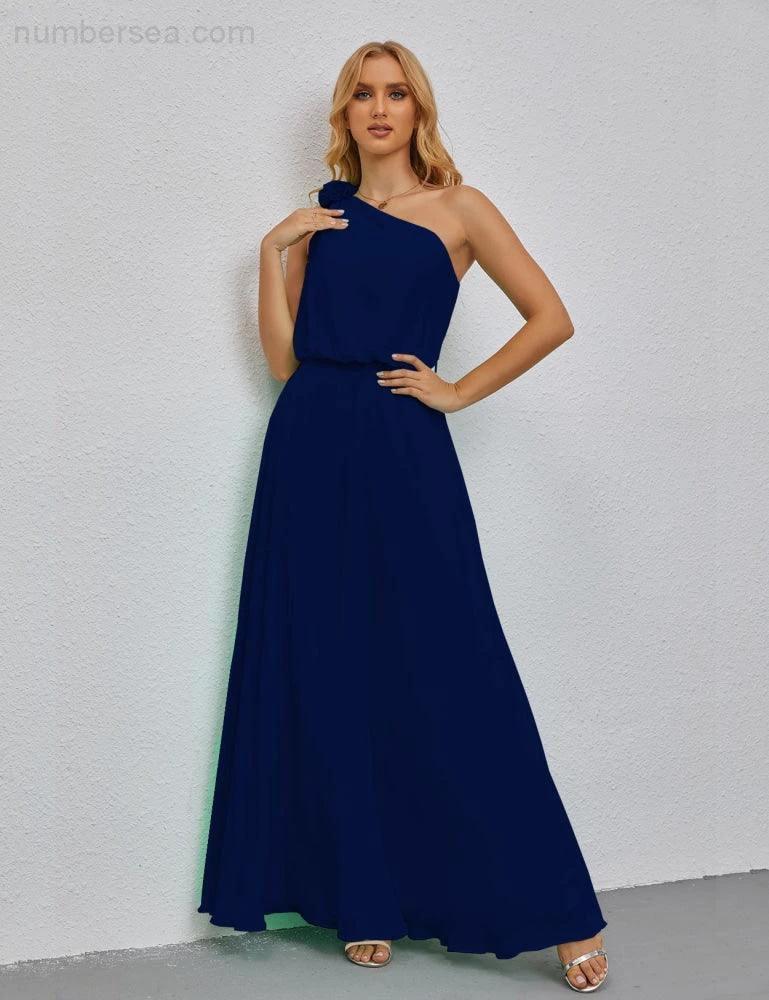 Ruffled One Shoulder Sleeveless Long Bridesmaid Dresses A-line Formal Evening Gown Side Split 28080 - Image 148