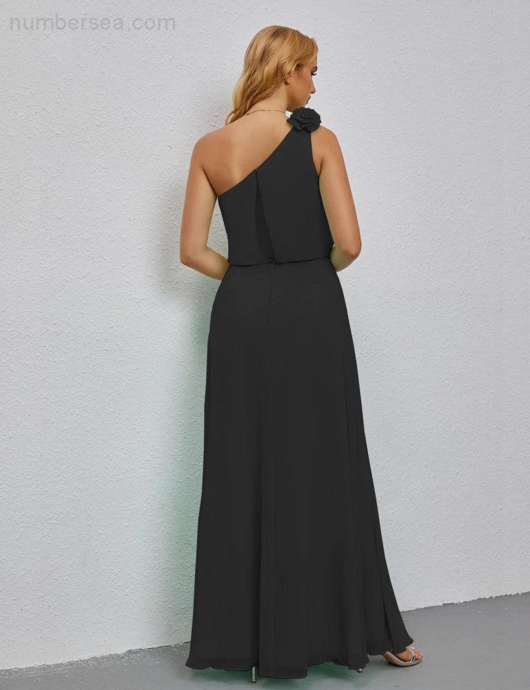 Ruffled One Shoulder Sleeveless Long Bridesmaid Dresses A-line Formal Evening Gown Side Split 28080 - Image 150
