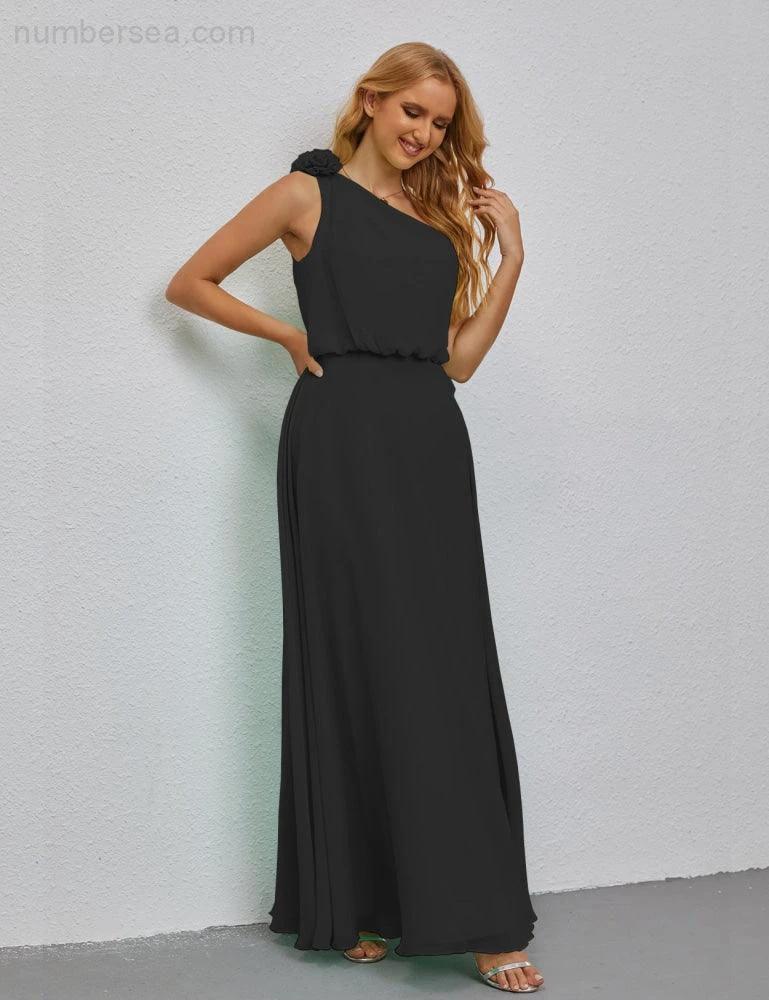 Ruffled One Shoulder Sleeveless Long Bridesmaid Dresses A-line Formal Evening Gown Side Split 28080 - Image 151