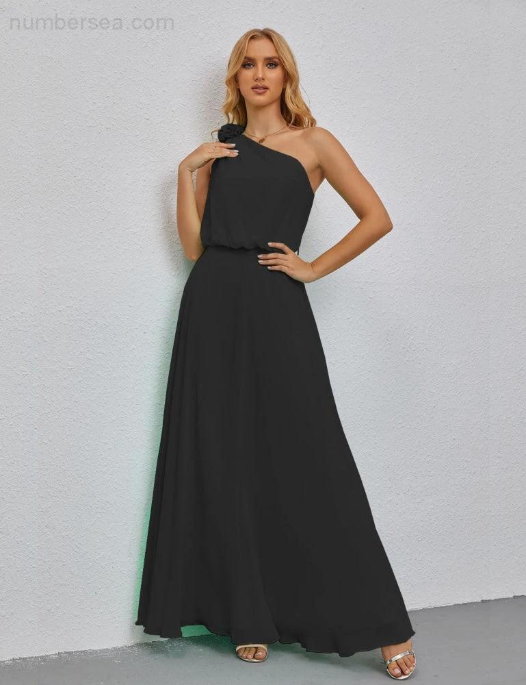 Ruffled One Shoulder Sleeveless Long Bridesmaid Dresses A-line Formal Evening Gown Side Split 28080 - Image 152