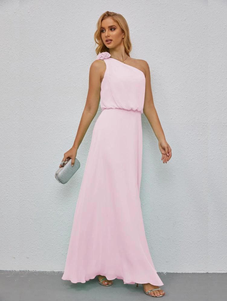 Ruffled One Shoulder Sleeveless Long Bridesmaid Dresses A-line Formal Evening Gown Side Split 28080 - Image 153