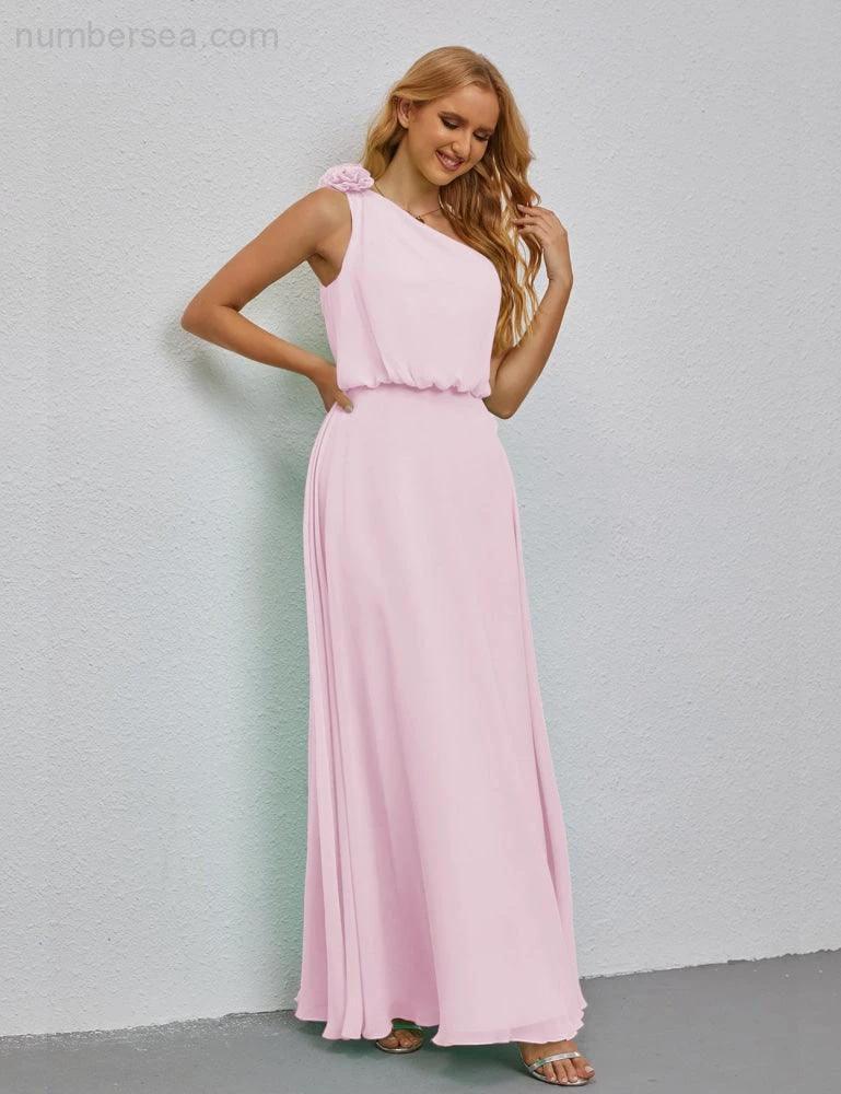 Ruffled One Shoulder Sleeveless Long Bridesmaid Dresses A-line Formal Evening Gown Side Split 28080 - Image 155