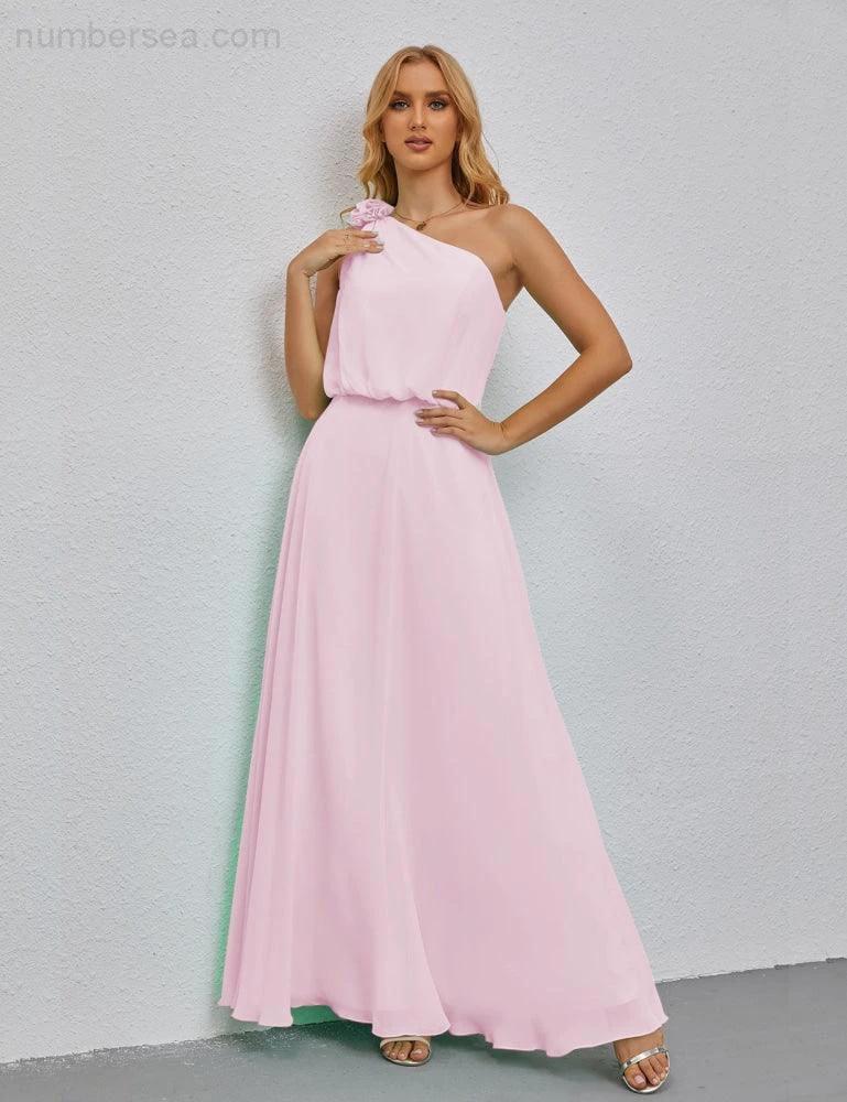 Ruffled One Shoulder Sleeveless Long Bridesmaid Dresses A-line Formal Evening Gown Side Split 28080 - Image 156