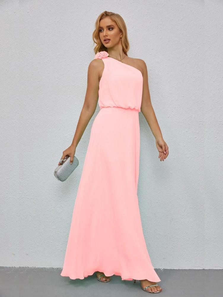 Ruffled One Shoulder Sleeveless Long Bridesmaid Dresses A-line Formal Evening Gown Side Split 28080 - Image 157