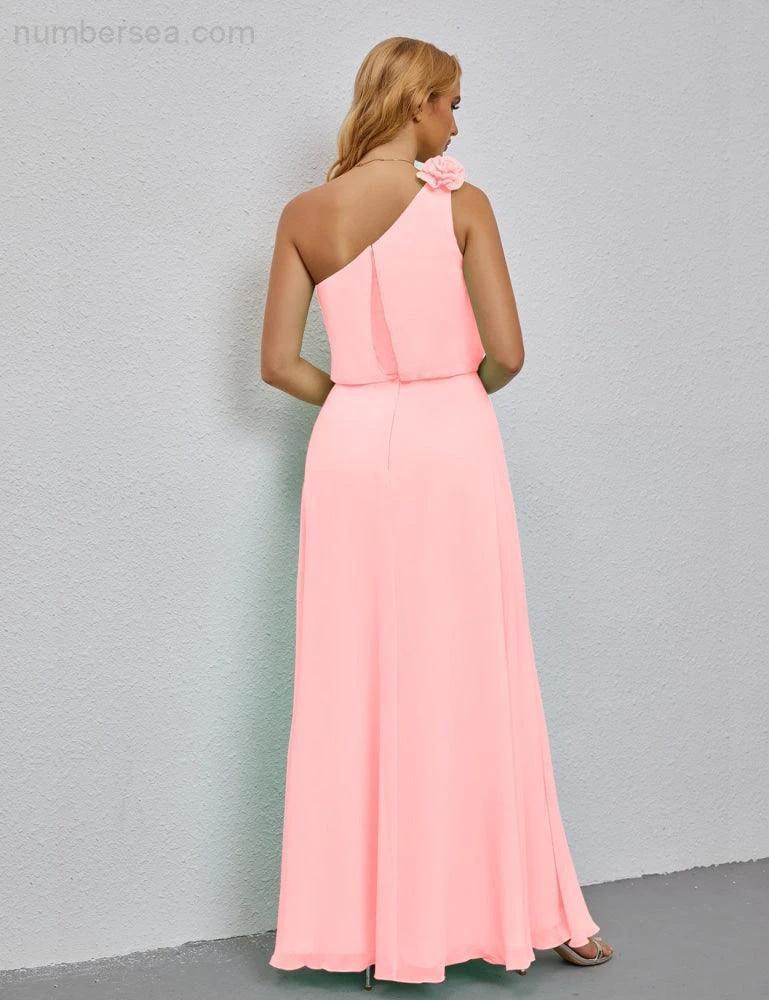 Ruffled One Shoulder Sleeveless Long Bridesmaid Dresses A-line Formal Evening Gown Side Split 28080 - Image 158