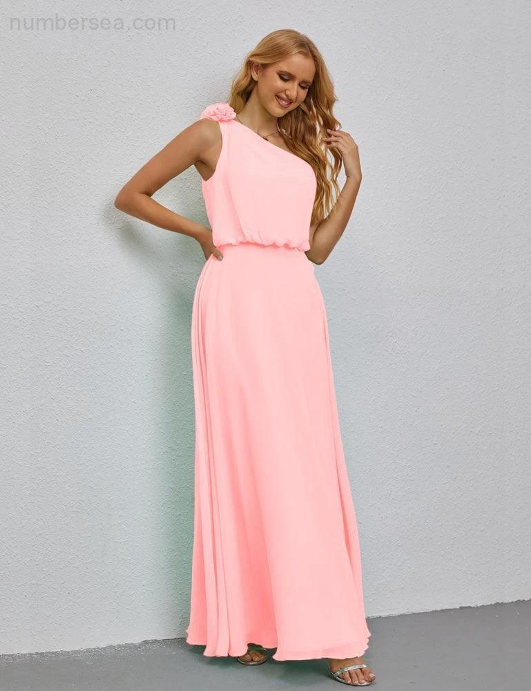 Ruffled One Shoulder Sleeveless Long Bridesmaid Dresses A-line Formal Evening Gown Side Split 28080 - Image 159