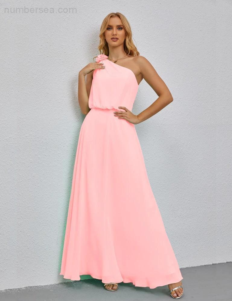 Ruffled One Shoulder Sleeveless Long Bridesmaid Dresses A-line Formal Evening Gown Side Split 28080 - Image 160