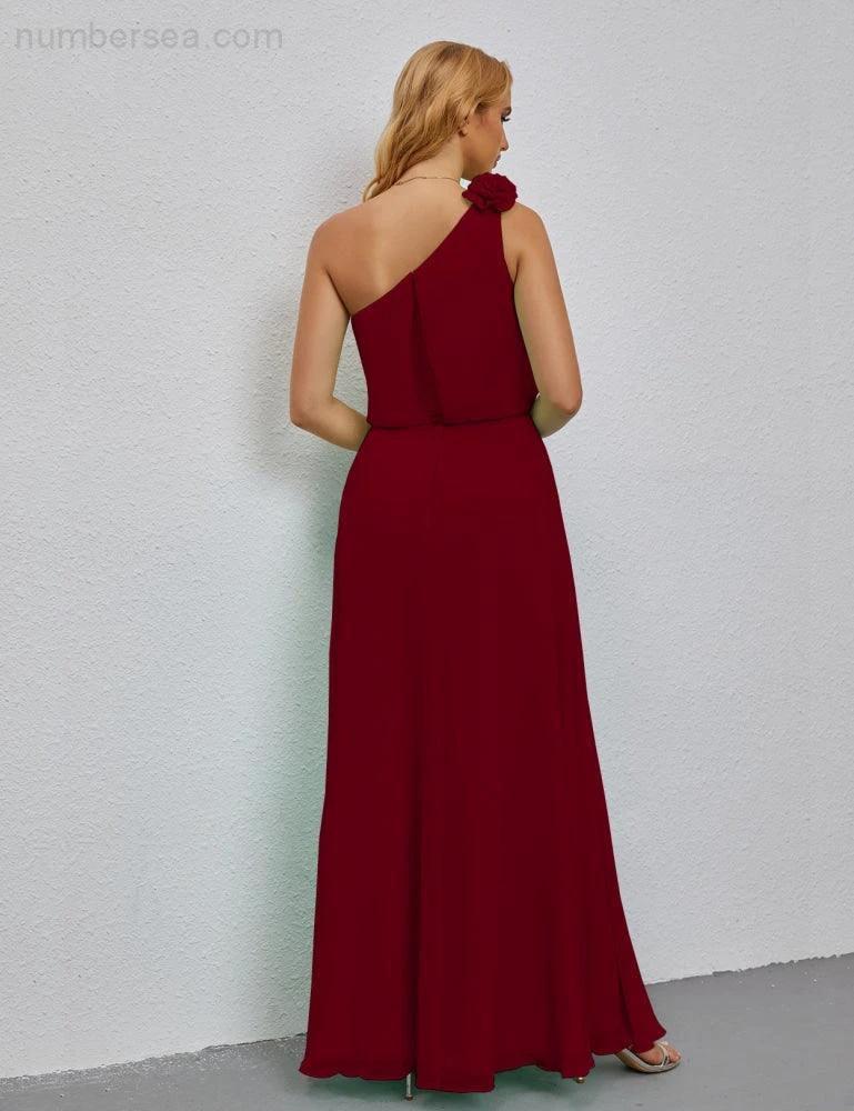 Ruffled One Shoulder Sleeveless Long Bridesmaid Dresses A-line Formal Evening Gown Side Split 28080 - Image 162