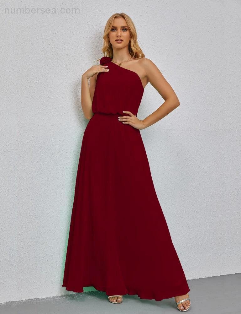 Ruffled One Shoulder Sleeveless Long Bridesmaid Dresses A-line Formal Evening Gown Side Split 28080 - Image 164