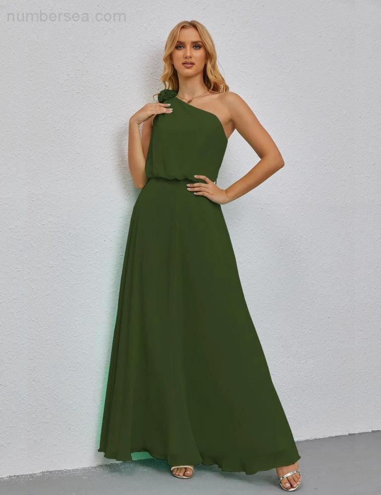 Ruffled One Shoulder Sleeveless Long Bridesmaid Dresses A-line Formal Evening Gown Side Split 28080 - Image 28