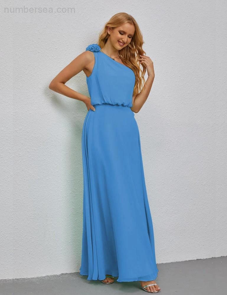 Ruffled One Shoulder Sleeveless Long Bridesmaid Dresses A-line Formal Evening Gown Side Split 28080 - Image 39