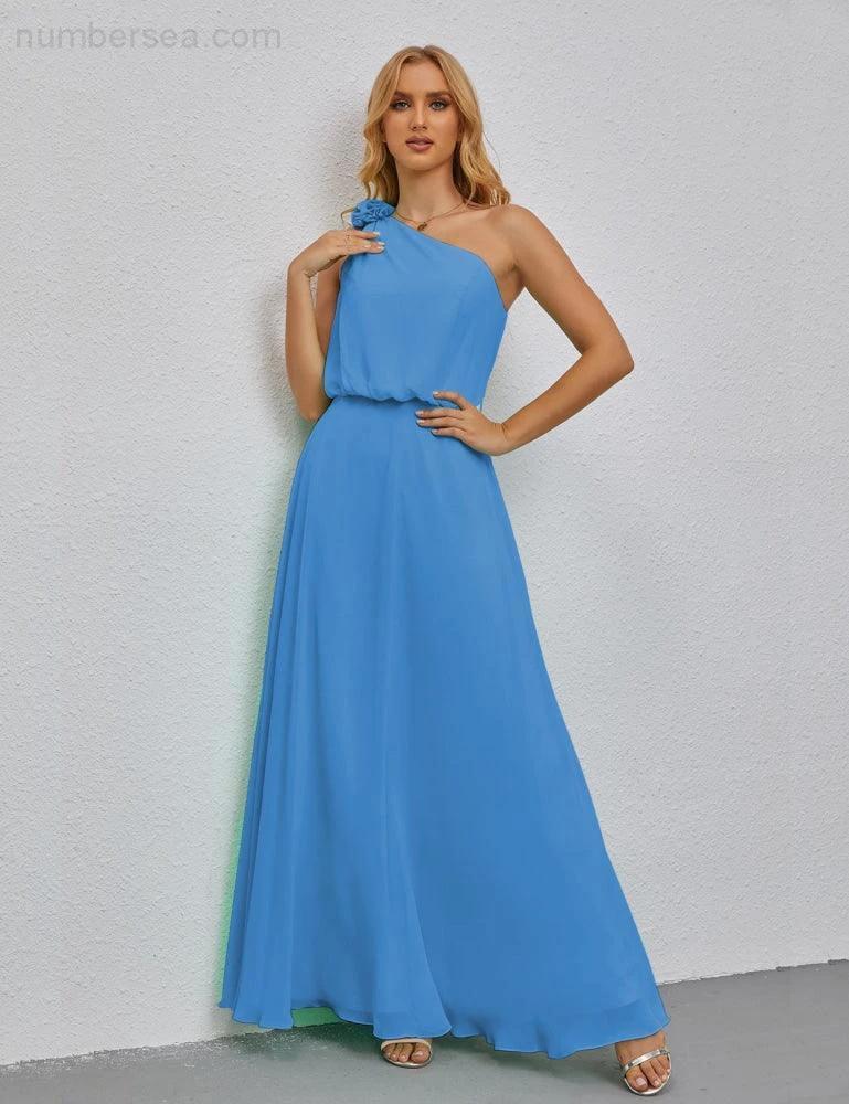Ruffled One Shoulder Sleeveless Long Bridesmaid Dresses A-line Formal Evening Gown Side Split 28080 - Image 40