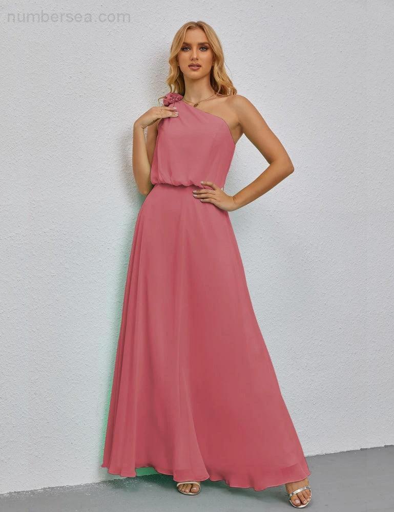 Ruffled One Shoulder Sleeveless Long Bridesmaid Dresses A-line Formal Evening Gown Side Split 28080 - Image 44