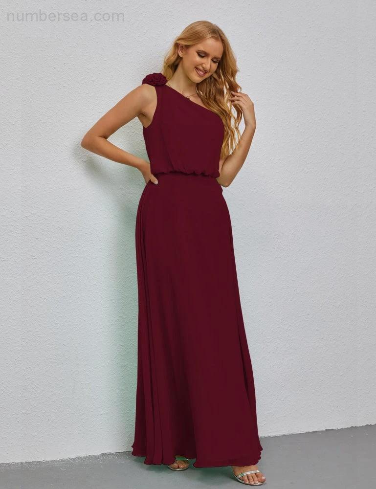 Ruffled One Shoulder Sleeveless Long Bridesmaid Dresses A-line Formal Evening Gown Side Split 28080 - Image 47