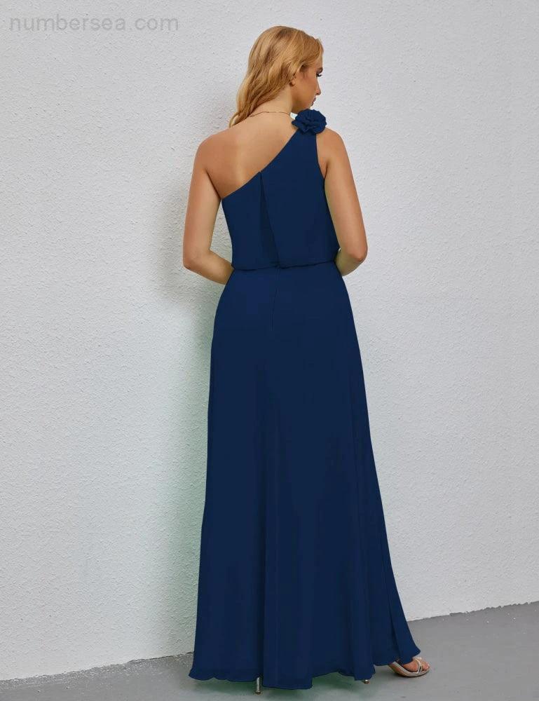 Ruffled One Shoulder Sleeveless Long Bridesmaid Dresses A-line Formal Evening Gown Side Split 28080 - Image 50