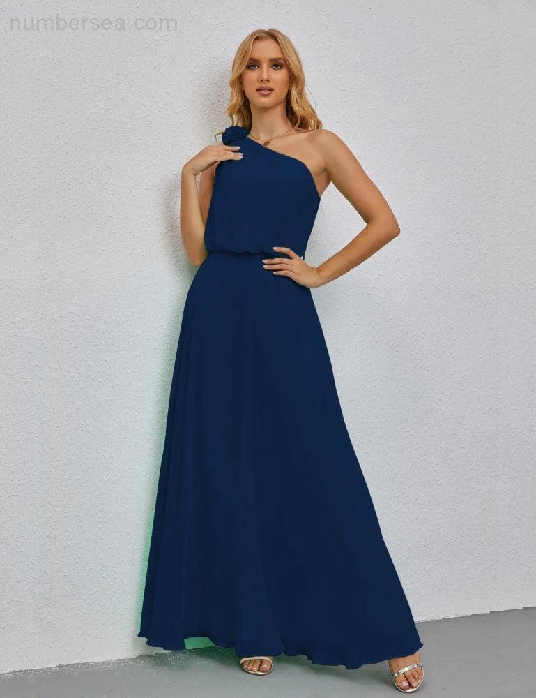 Ruffled One Shoulder Sleeveless Long Bridesmaid Dresses A-line Formal Evening Gown Side Split 28080 - Image 52