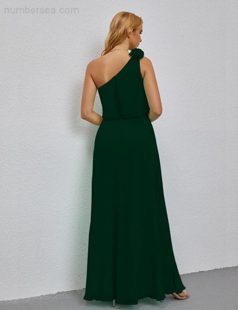 Ruffled One Shoulder Sleeveless Long Bridesmaid Dresses A-line Formal Evening Gown Side Split 28080 - Image 66